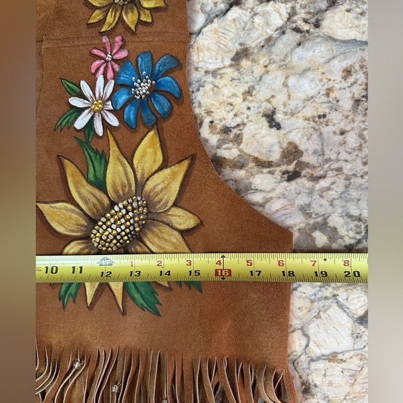 Berman Buckskin vintage long fringe suede vest handpainted cheetah flowers sz SM - Picture 14 of 16